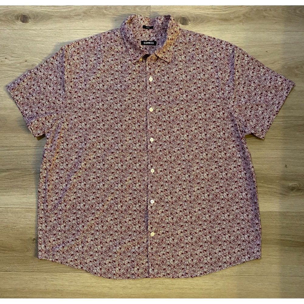 Express Mens Floral Short Sleeve Button Up Shirt Burgundy Red Casual Size L